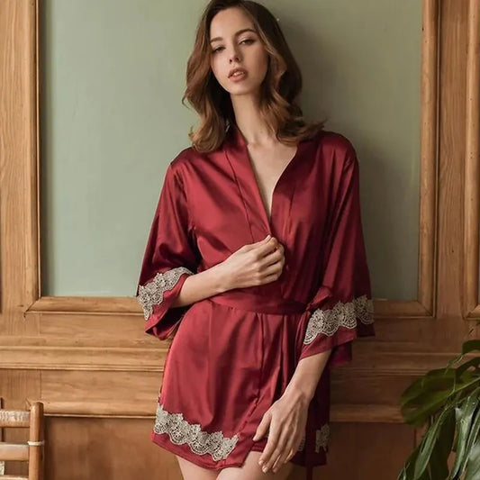 Sexy Lace Embroidered Flower Satin Belt Robe