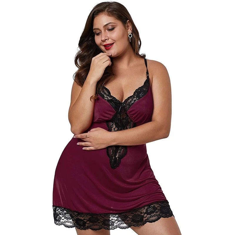 Plus Size Lace Satin Spaghetti Strap Nightdress