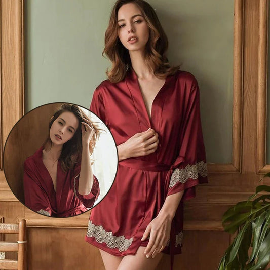 Sexy Lace Embroidered Flower Satin Belt Robe
