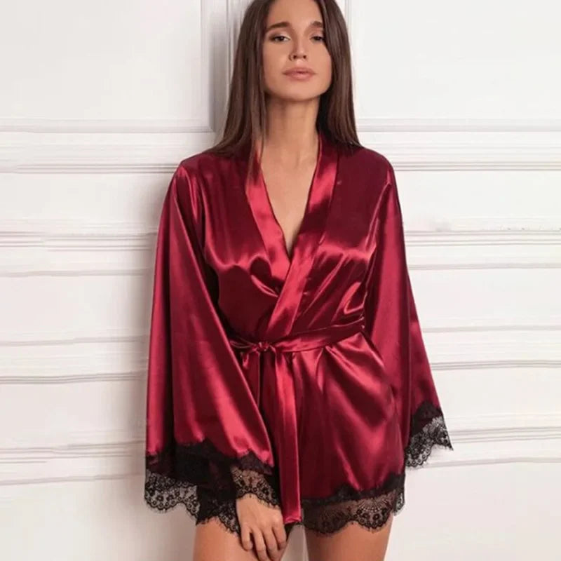 Silk Satin Kimono with Lace Trim