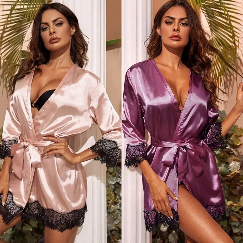 Silk Satin Kimono with Lace Trim